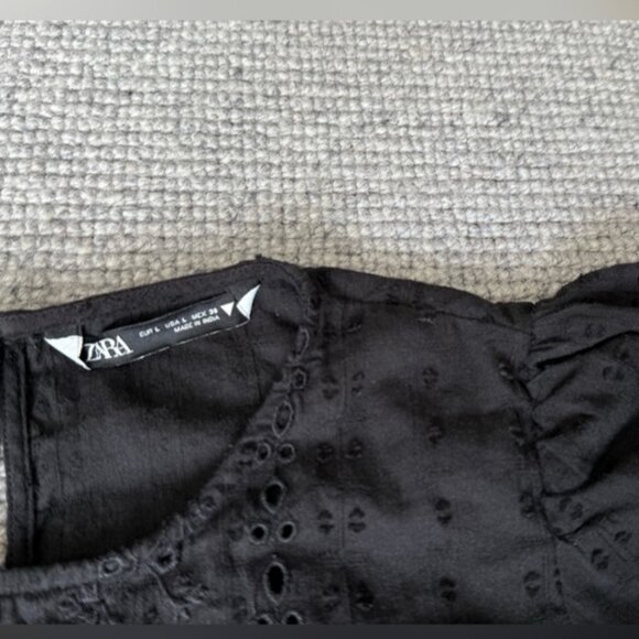 Zara Short Sleeve Eyelet Black Mini Dress Lace Ruffle L - Picture 2 of 6